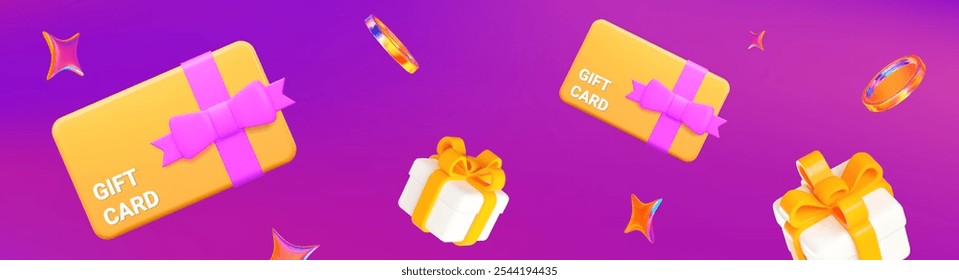 3d cartão de presente amarelo com arco roxo e caixa de presente voadora com estrelas no fundo isolado holográfico. Vale-presente para promoção. Banner horizontal. Ilustração do vetor de estoque.