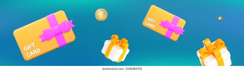 3d yellow gift card with purple bow and flying gift box with balls on azure isolated background. Gift certificate for promotion of goods for holidays. Horizontal banner. Stock vector illustration.