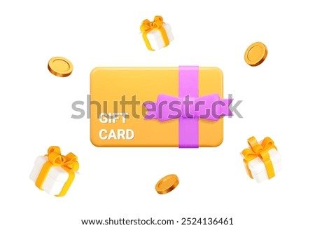 3d yellow gift card with purple bow and flying gift box with gold coins. Gift certificate for promotion of goods for holidays, birthdays and discount coupon concept. Stock vector illustration