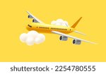 3D yellow Glossy Commercial Jet Airplane in the clouds render cartoon illustration