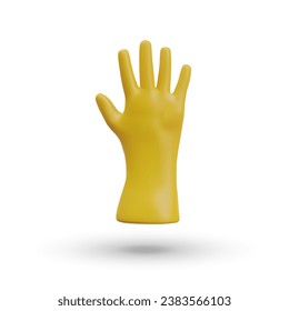 Guante amarillo 3D en posición vertical. Protección de caucho para las manos. Accesorios para limpieza, procedimientos sanitarios. Icono, afiche de la tienda de artículos para el hogar