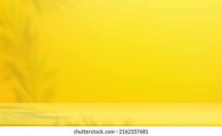 3d Yellow gradient background, Studio room scene with palm leaf shadow on wall.Vector illustration 3D Backdrop banner in minimal design for cosmetic,Showcase mockup for Spring,Summer sale or Promotion