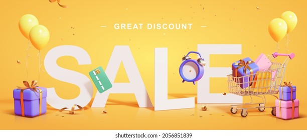 3d yellow great discount sale background. Illustration of large SALE word with shopping cart, gift boxes, credit card and countdown clock. - Shutterstock ID 2056851839