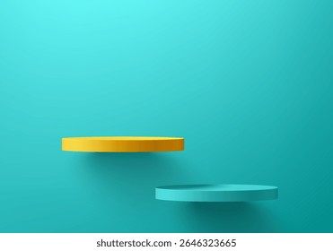 3D yellow and green podium set floating on the wall background. Abstract geometric composition in minimalist design. 3D studio display showroom product pedestal, Fashion stage showcases mockup scene.