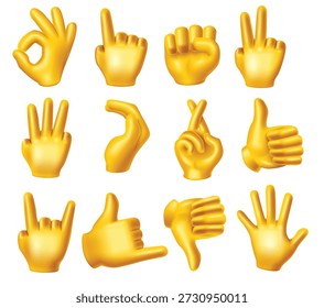 colección de gestos de mano amarilla 3D: iconos de estilo Emoji para comunicación y diseño de interfaz