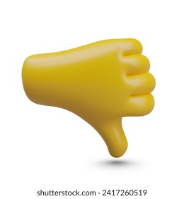 3D yellow hand, thumb down. Sign language. Symbol of dislike, hatred. Bad choice. Negative reaction of users and buyers, hate. Isolated vector illustration