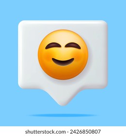 3D Yellow Happy Emoticon Blushing with Smiling Eyes on Speech Bubble. Render Slightly Smiling Emoji. Happy Face Simple. Communication, Web, Social Network Media, App Button. Vector Illustration