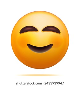 3D Yellow Happy Emoticon Blushing with Smiling Eyes Isolated. Render Slightly Smiling Emoji. Happy Face Simple. Communication, Web, Social Network Media, App Button. Realistic Vector Illustration