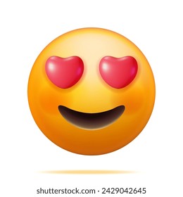 3D Yellow Happy Emoticon with Heart Shaped Eyes Isolated. Render Heart-Eyes and Open Smile Emoji. Happy Face Simple. Communication, Web, Social Network Media, App Button. Realistic Vector Illustration