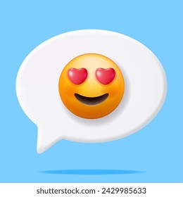 3D Yellow Happy Emoticon with Heart Shaped Eyes in Speech Bubble. Render Heart-Eyes and Open Smile Emoji. Happy Face Simple. Web, Social Network Media, App Button. Realistic Vector Illustration