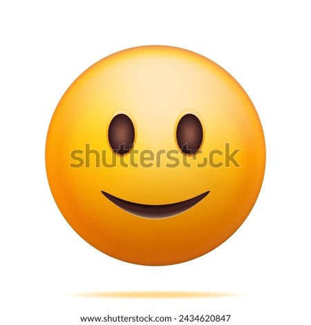 3D Yellow Happy Emoticon Isolated on White. Render Slightly Smiling Emoji. Happy Face Simple . Communication, Web, Social Network Media, App Button. Realistic Vector Illustration