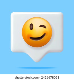 3D Yellow Happy Emoticon with Winking Face on Speech Bubble Isolated. Render Slightly Winking Emoji. Happy Face Simple. Communication, Web, Social Network Media, App Button. Vector Illustration