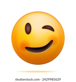 3D Yellow Happy Emoticon with Winking Face Isolated on White. Render Slightly Winking Emoji. Happy Face Simple. Communication, Web, Social Network Media, App Button. Realistic Vector Illustration