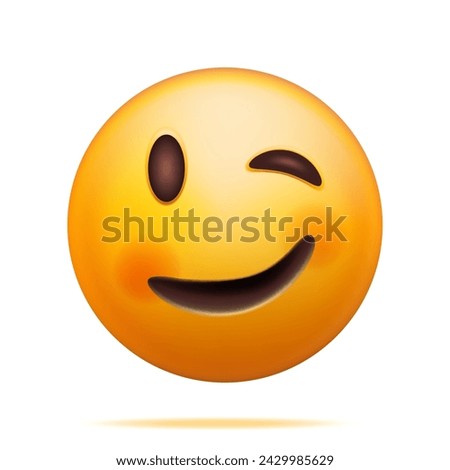 3D Yellow Happy Emoticon with Winking Face Isolated on White. Render Slightly Winking Emoji. Happy Face Simple. Communication, Web, Social Network Media, App Button. Realistic Vector Illustration