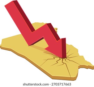 3D gelbe Irak-Karte von einem großen roten Pfeil geknackt abstürzt. Konzept der wirtschaftlichen Rezession oder Finanzkrise im Nahen Osten. (ausgeschnitten)