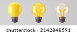 3d yellow light bulb icon set isolated on gray background. Render cartoon style minimal yellow, transparent glass light bulb. Creativity idea, business success, strategy concept. 3d realistic vector