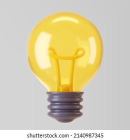 3d yellow light bulb icon isolated on gray background. Render cartoon style minimal yellow transparent glass light bulb. Creativity idea, business success, strategy concept. 3d realistic vector