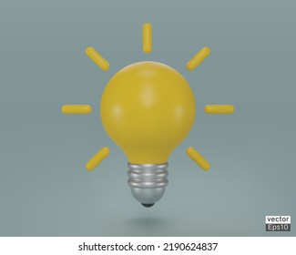 3d yellow light bulb icon. Cartoon style minimal light bulb for Idea, solution, business, thinking, invention symbol, strategy concept. 3d vector illustration, 