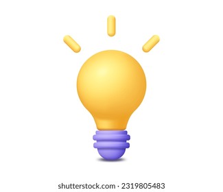 3d yellow light bulb icon. Render light bulb with rays shine for creative idea solution, business and strategy concept. 3d rendering realistic plastic light bulb cartoon illustration