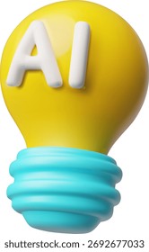 Icono de bombilla amarilla 3D con un símbolo de IA, cerebro digital. Programación de máquinas, ideas, consejos, desarrollo, automatización. Concepto de futuro innovador. Vector ilustración de dibujos animados. Fondo aislado.