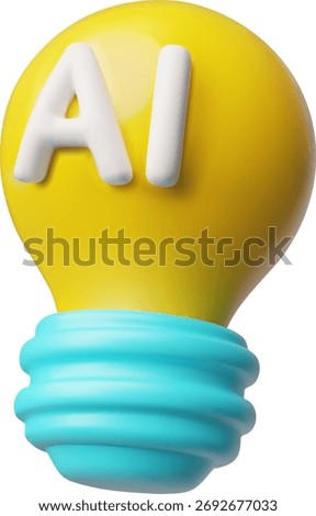 3D yellow light bulb icon with an AI symbol, digital brain. Machine programming, ideas, tips, development, automation. Innovative future concept. Vector cartoon illustration. Isolated background.