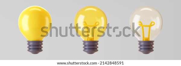 3d yellow light bulb icon set isolated on gray\
background. Render cartoon style minimal yellow, transparent glass\
light bulb. Creativity idea, business success, strategy concept. 3d\
realistic vector