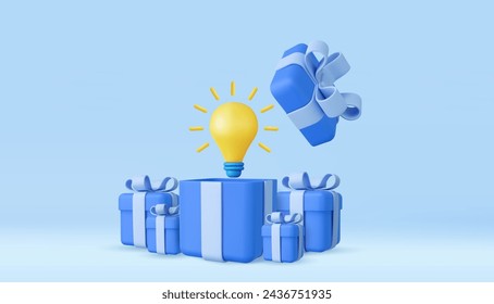 3d yellow light bulb in open gift box. business idea tip concept, minimal abstract. 3d rendering. Vector illustration