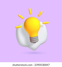 3d yellow lighting bulb icon. 3d vector render simbol ideya solution cartoon style. Vector illustration