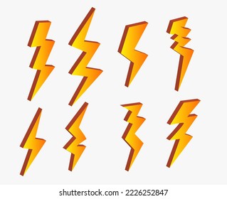 3d yellow lightning bolt icon vector collection with various shapes. Lightning danger sign. isolated on white background