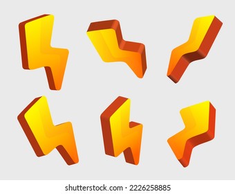 3d yellow lightning bolt icon vector collection with various side view. Lightning danger sign. isolated on white background