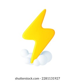 3d yellow lightning with cloud, thunderbolt icons isolated on white background. Render of lightning hit, electric strike, flash of thunderbolt. 3d cartoon simple vector illustration