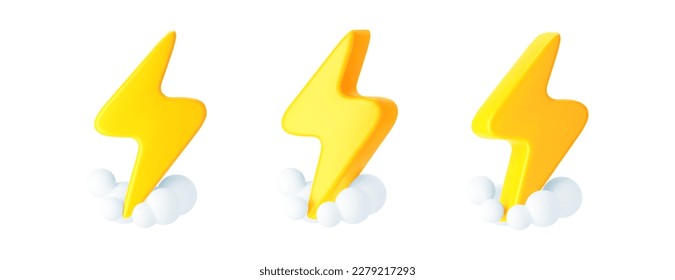 3d yellow lightning with clouds, thunderbolt icons isolated on white background. Render of lightning hit, electric strikes, flash of thunderbolt. 3d cartoon simple vector illustration