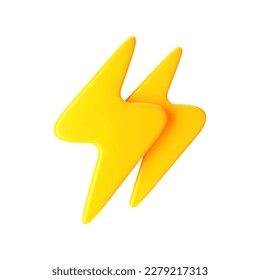 3d yellow lightning, double thunderbolt icon isolated on white background. Render of lightning hit, electric strike, flash of thunderbolt. 3d cartoon simple vector illustration