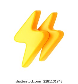 3d yellow lightning, double thunderbolt icon isolated on white background. Render of lightning hit, electric strike, flash of thunderbolt. 3d cartoon simple vector illustration