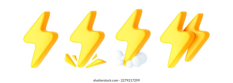 Rayo amarillo 3d con chispas, nubes e iconos de doble rayo en fondo blanco. El relámpago, los golpes eléctricos, el relámpago de un rayo. 3.ª ilustración vectorial simple de dibujos animados