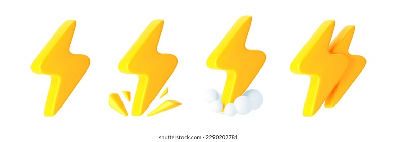 3d yellow lightning with sparks, clouds and double thunderbolt icons on white background. Render of lightning hit, electric strikes, flash of thunderbolt. 3d cartoon simple vector illustration