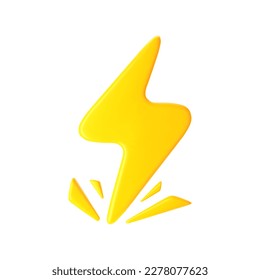 3d yellow lightning with sparks, thunderbolt icon isolated on white background. Render of lightning hit, electric strike, flash of thunderbolt. 3d cartoon simple vector illustration