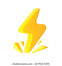 3d yellow lightning with sparks, thunderbolt icon isolated on white background. Render of lightning hit, electric strike, flash of thunderbolt. 3d cartoon simple vector illustration