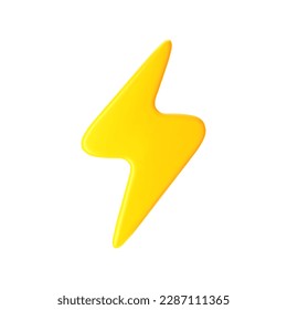 3d yellow lightning, thunderbolt icon isolated on white background. Render of lightning hit, electric strike, flash of thunderbolt. 3d cartoon simple vector illustration