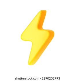 3d yellow lightning, thunderbolt icon isolated on white background. Render of lightning hit, electric strike, flash of thunderbolt. 3d cartoon simple vector illustration