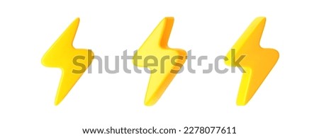 3d yellow lightning, thunderbolt icons isolated on white background. Render of lightning hit, electric strikes, flash of thunderbolt. 3d cartoon simple vector illustration