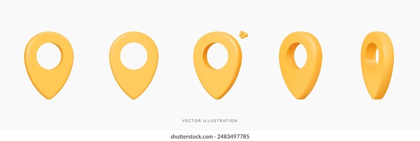 Pin de ubicación amarillo 3D en diferentes rotaciones. Marca de navegación. Etiqueta de viaje dorada. Elemento mínimo para mapa, Web y gps. Conjunto de iconos de diseño creativo de dibujos animados aislado en blanco. Ilustración vectorial 3D