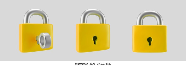 3d yellow locked padlock icon set with key isolated on gray background. Render minimal closed padlock with a keyhole. Confidentiality and security concept. 3d cartoon simple vector illustration