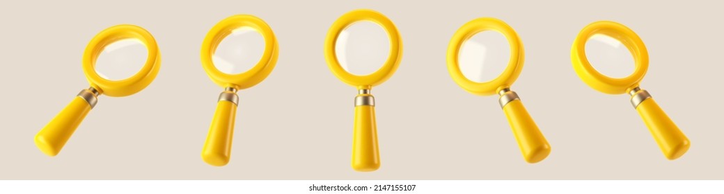 Icono de la lupa amarilla 3d aislado en fondo gris. Icono mínimo de búsqueda transparente para encontrar, leer, investigar, analizar información. 3.ª caricatura vector realista
