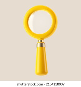 3d yellow magnifying glass icon isolated on gray background. Render minimal transparent loupe search icon for finding, reading, research, analysis information. 3d cartoon realistic vector