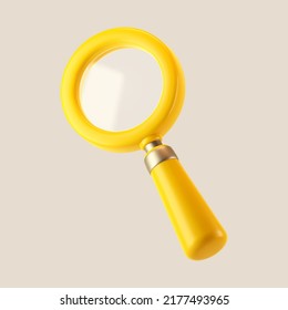 3d yellow magnifying glass icon isolated on gray background. Render minimal transparent loupe search icon for finding, reading, research, analysis information. 3d cartoon realistic vector