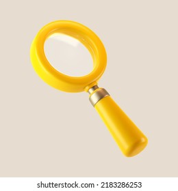 3d yellow magnifying glass icon isolated on gray background. Render minimal transparent loupe search icon for finding, reading, research, analysis information. 3d cartoon realistic vector