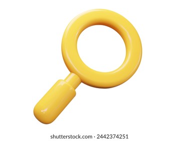 3d yellow magnifying glass icon. Cartoon style. Stock vector illustration on isolated background.