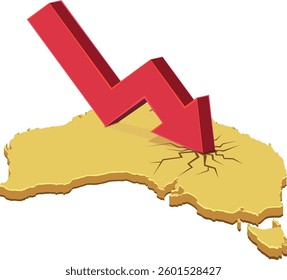 3D yellow map of australia with a red arrow going down and cracking the map (cut out)