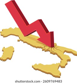 3D yellow map of Italy with a downward arrow making cracks on the map (cut out)